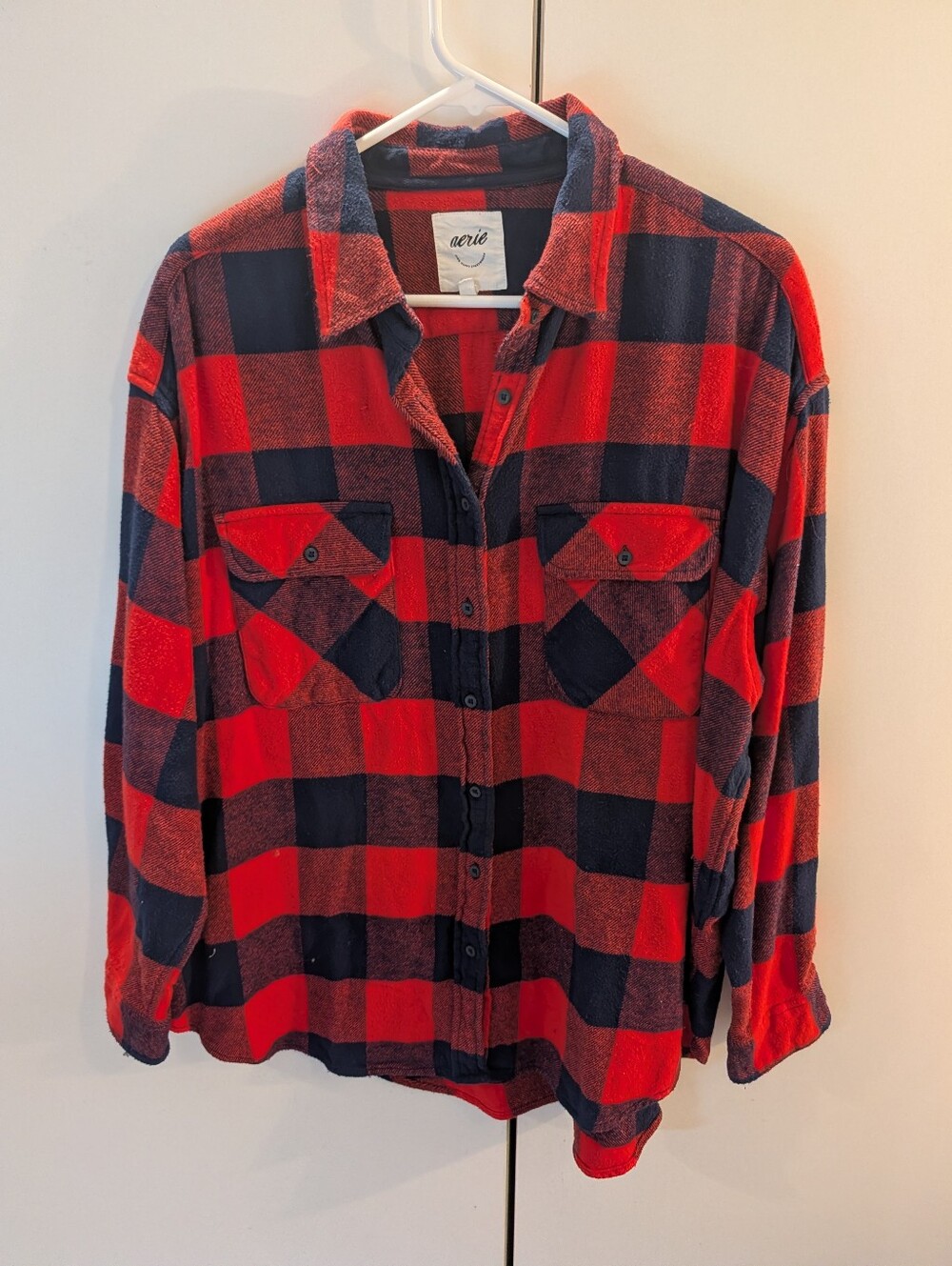 Aerie Woman's Red and Black Plaid Button-Down Shirt Lumberjane Size M